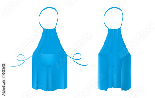 Front and back views of the blank blue kitchen apron with neck strap, waist ties and a pocket. Vector illustration of the protective garment isolated on the white background.