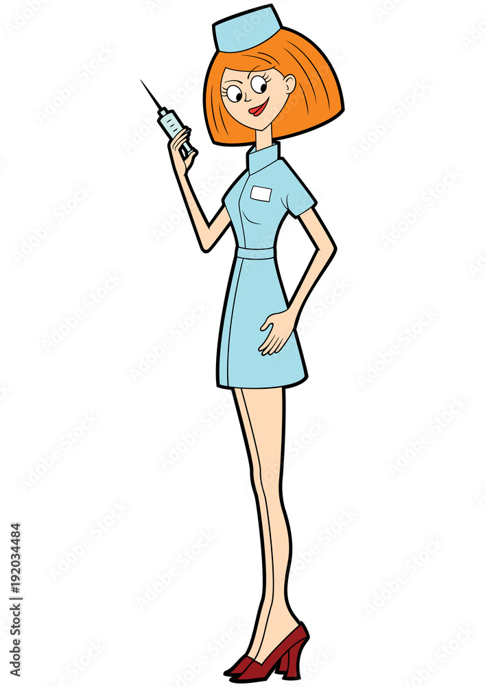 Cute nurse with a needle/ Illustration cartoon smiling leggy nurse with a  syringe. She is ready to make an injection Stock Vector | Adobe Stock