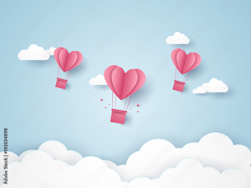 Valentines day, Illustration of love, pink heart hot air balloons flying in the blue sky, paper art style