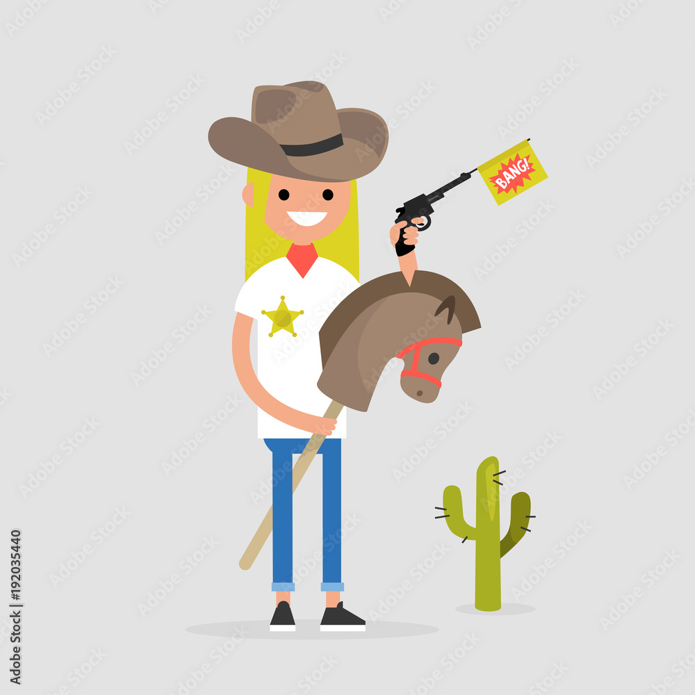 Young funny female sheriff riding a hobby horse. Cosplay. Cowgirl. Wild West / Flat editable vector illustration, clip art