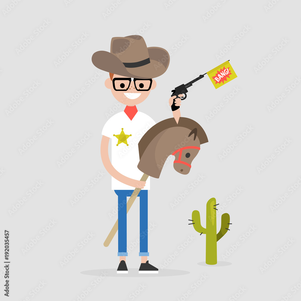 Young funny sheriff riding a hobby horse. Cosplay. Cowboy. Wild West / Flat editable vector illustration, clip art