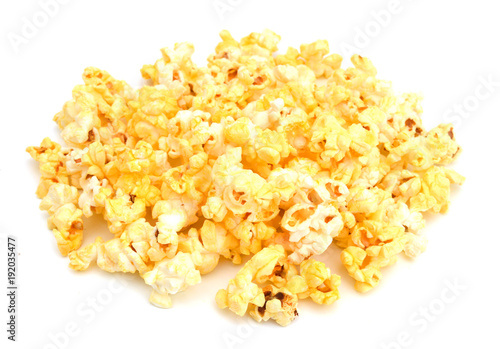 fresh popped popcorn isolated on white background
