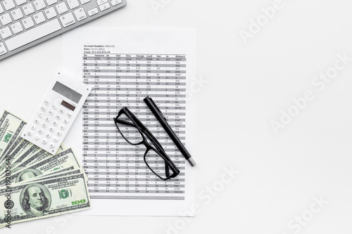 Pay bills and taxes. Papers, calculator, money on white background top view copy space