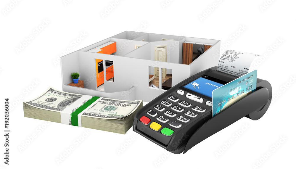 Concept of purchase or payment for housing Apartment layout with a stack of money american hundred dollar bills and POS terminal isolated on white background 3d without shadow Concept of purchase or payment for housing Apartment layout with a stack of money american hundred dollar bills and POS terminal isolated on white background 3d without shadow