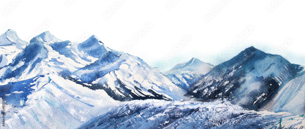 Fototapeta Halna zima śniegu szczytu akwarela w błękitnym brzmieniu na białym tle