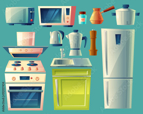 Vector cartoon set of kitchen appliances, fridge, microwave, kettle, blender, toaster, cezve, stove with exhaust hood, pan, metal sink, hand mill. Household objects for cooking room interior