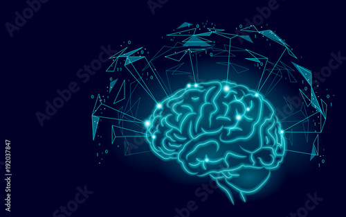 Active human brain artificial intelligence next level man menthal abilities. Technology Low Poly design augmented reality geometric shapes blue glowing. Symbol of wisdom vector illustration