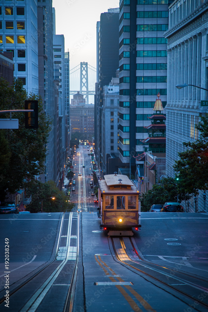 San Francisco Cable Car on California Street in twilight, California, USA