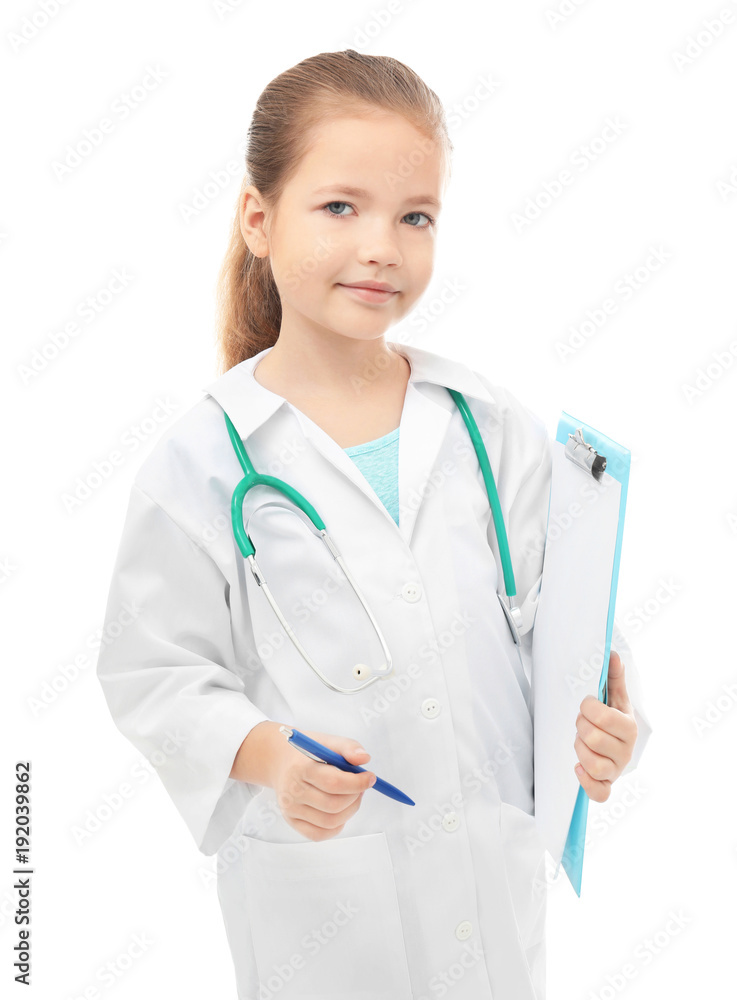 Cute little girl in doctor uniform with clipboard on white background Cute little girl in doctor uniform with clipboard on white background