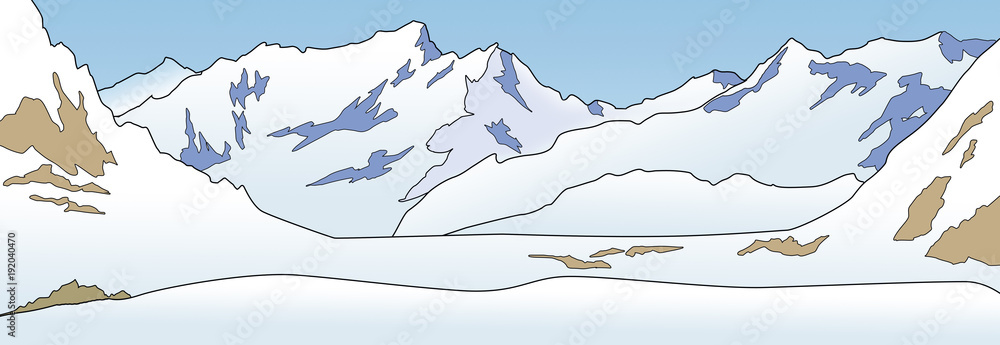 Illustration of a sunny day in snowy mountains