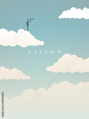 Business vision concept vector motivational poster with businessman on jumping board looking into future. Symbol of challenge, opportunity, goals, success, leadership.