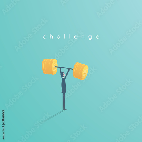 Businessman lifting weight from dollar coins vector concept. Symbol of business challenge, power, ambition and achievement.