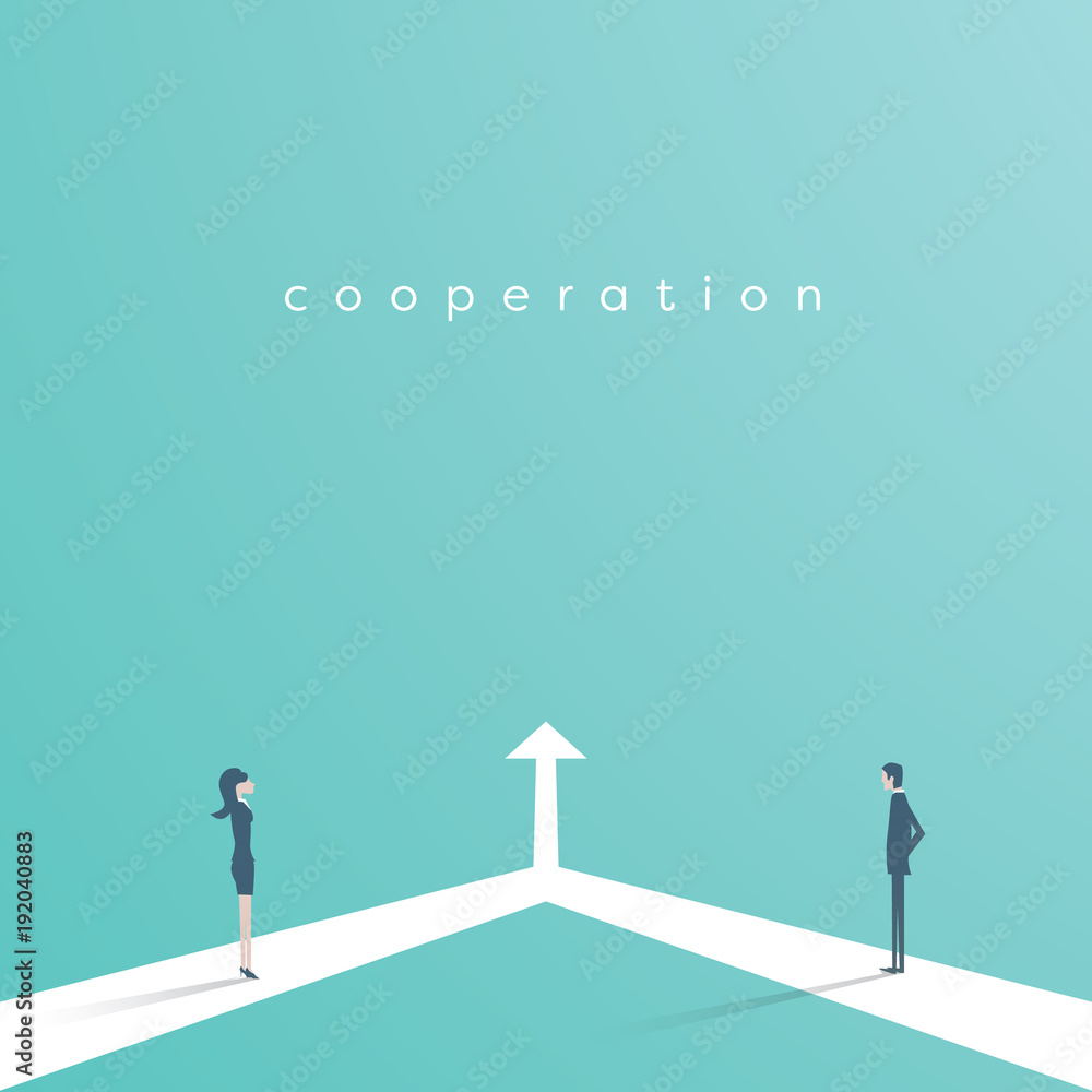Business cooperation and partnership vector concept. Woman and man working together for common goal. Symbol of equality, collaboration, connection. Business cooperation and partnership vector concept. Woman and man working together for common goal. Symbol of equality, collaboration, connection.