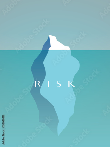 Business risk vector concept with large iceberg hidden under water. Symbol of danger, caution.