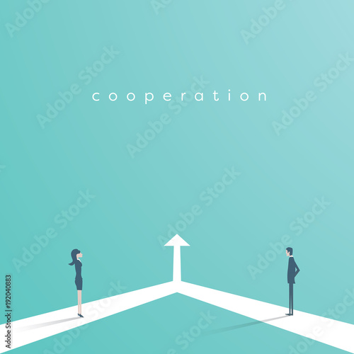 Business cooperation and partnership vector concept. Woman and man working together for common goal. Symbol of equality, collaboration, connection.