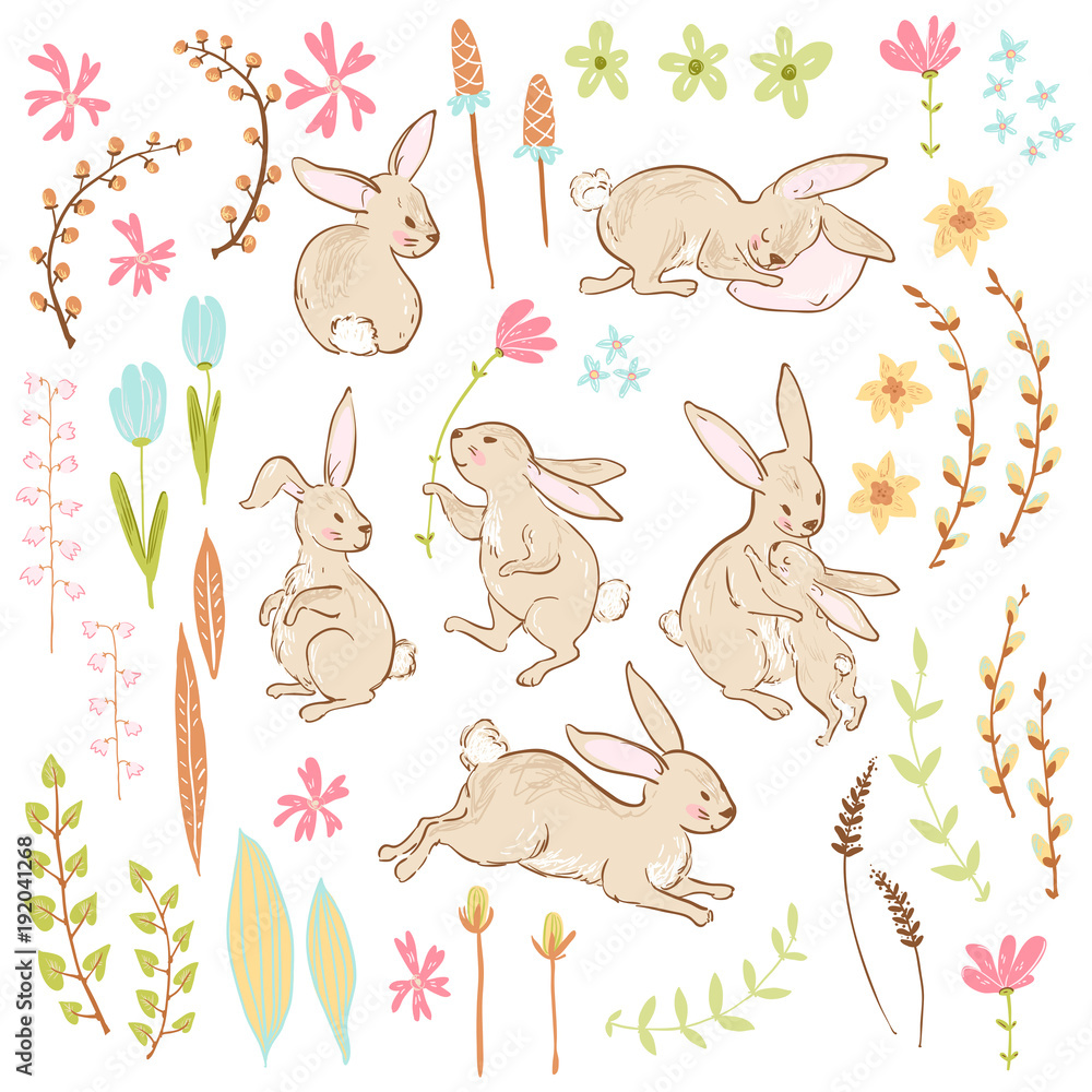 Vector sweet bunnies, flowers and branches, Easter cute collecti Vector sweet bunnies, flowers and branches, Easter cute collecti