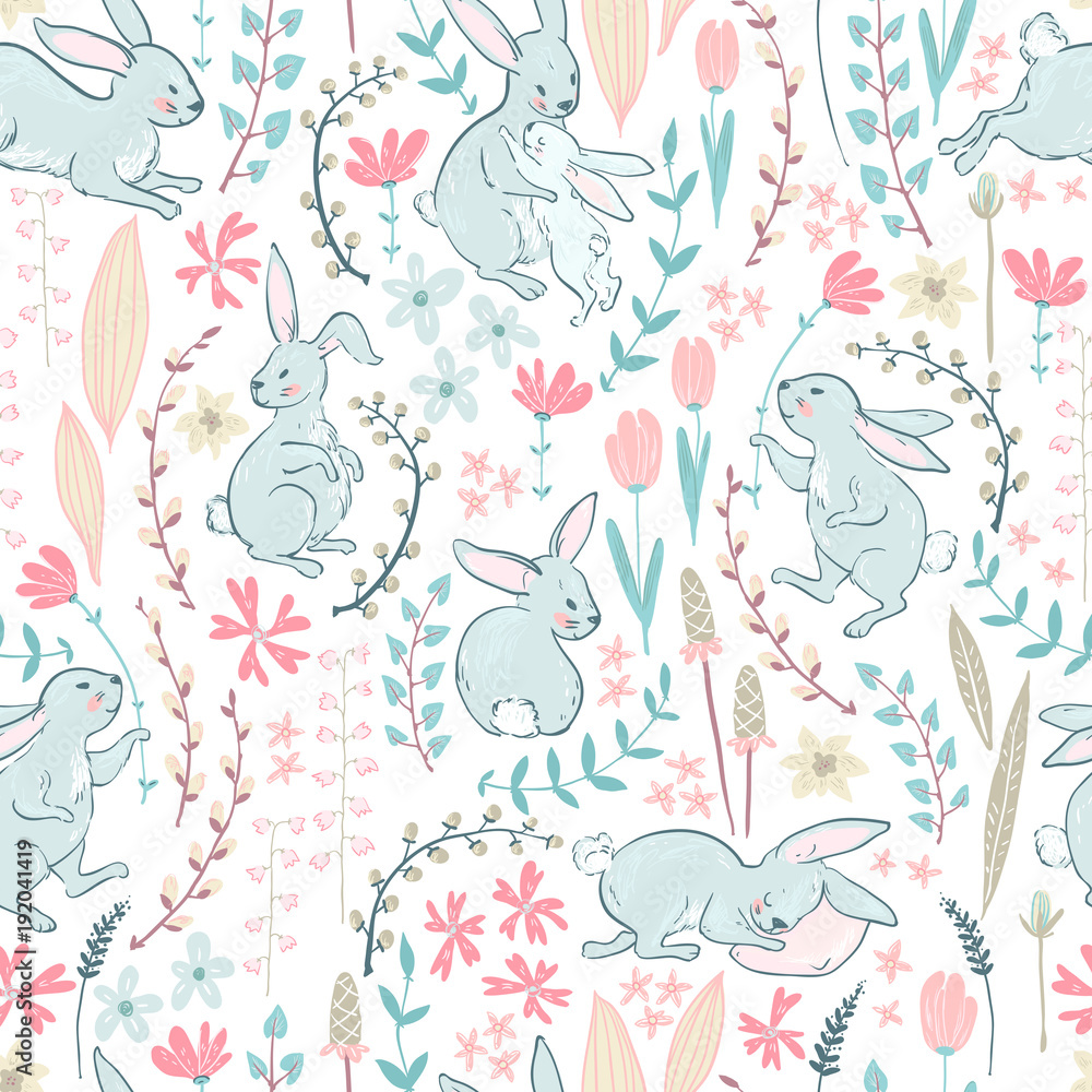 Vector sweet bunnies, flowers and branches, Easter cute cseamles
