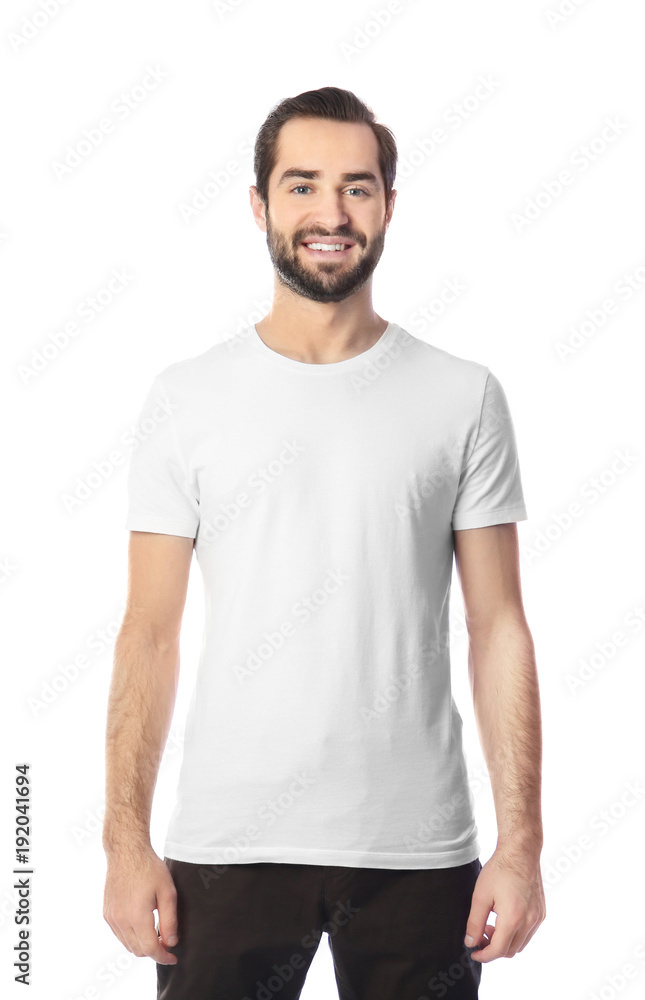 Young man in stylish t-shirt on white background. Mockup for design Young man in stylish t-shirt on white background. Mockup for design