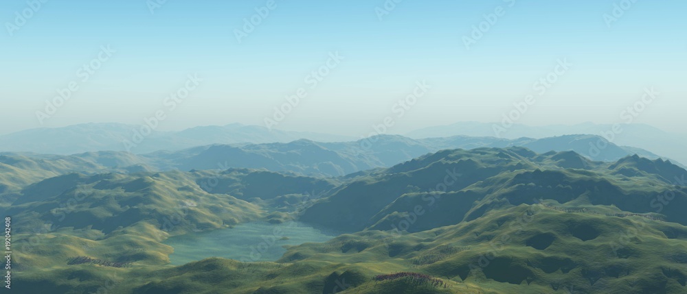 lake in the green hills
3D rendering