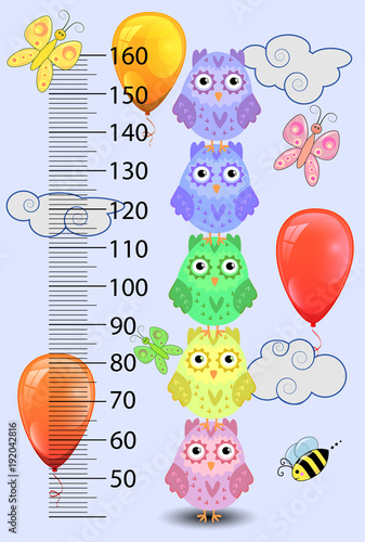 Kids height meter with cute owls. Funny stadiometer from 50 to 150 centimeter. Vector illustration