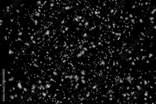 Snowfall on black background. Real falling snow. Flying snowflakes 