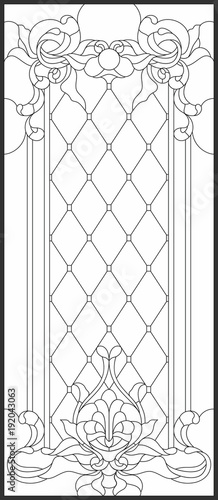 Fotografia Stained-glass panel in a rectangular frame, abstract floral arrangement of buds and leaves in the art Nouveau style