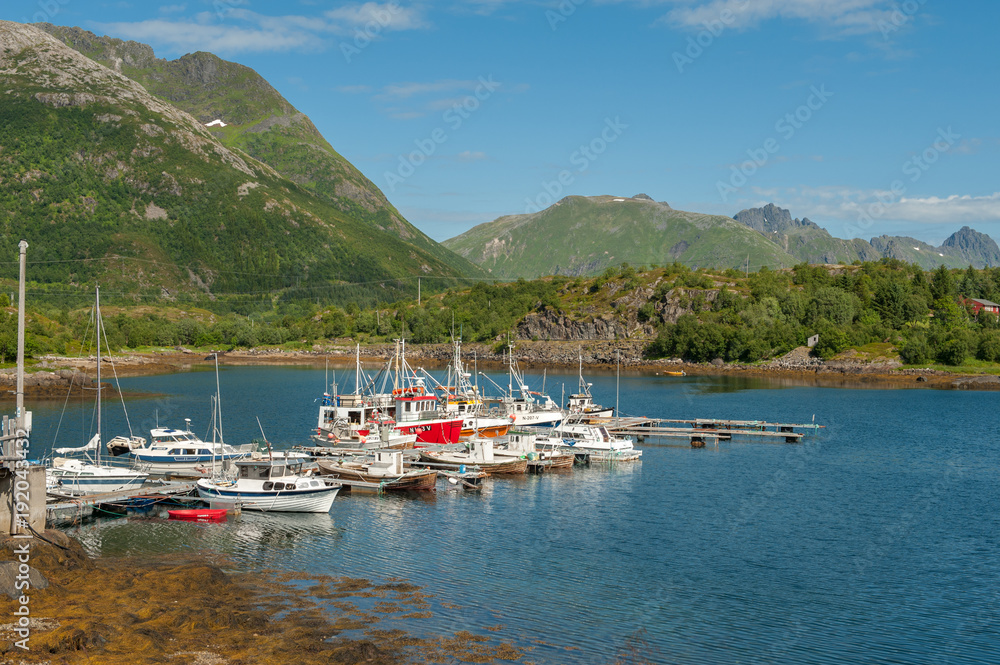 Leisure boat harbor in Lofoten. Lofoten islands in northern Norway are a popular travel destination Leisure boat harbor in Lofoten. Lofoten islands in northern Norway are a popular travel destination
