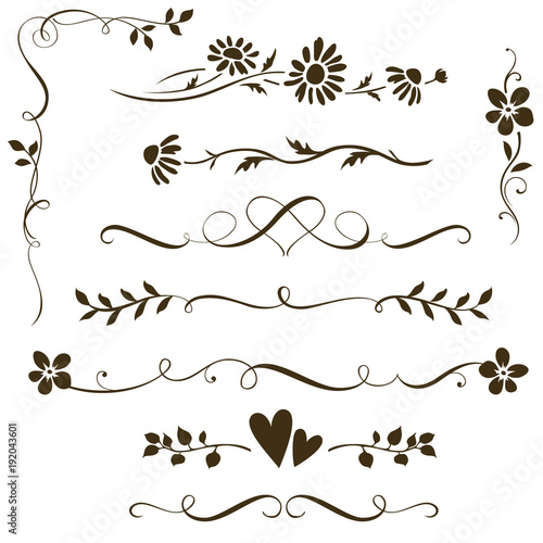 Obraz na plátně Set of calligraphic floral elements with hearts for wedding invitation design