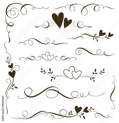 Vector set of floral calligraphic elements, dividers and love ornaments for page decoration and frame design. Decorative heart silhouette for wedding cards and invitations. 