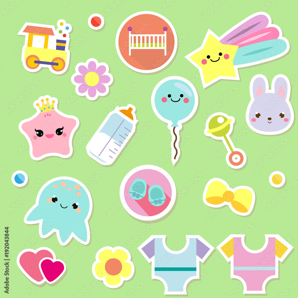 Baby stickers. Kids, children design elements for scrapbook. Decorative vector icons with toys, clothes, sun and other cute newborn babies symbols