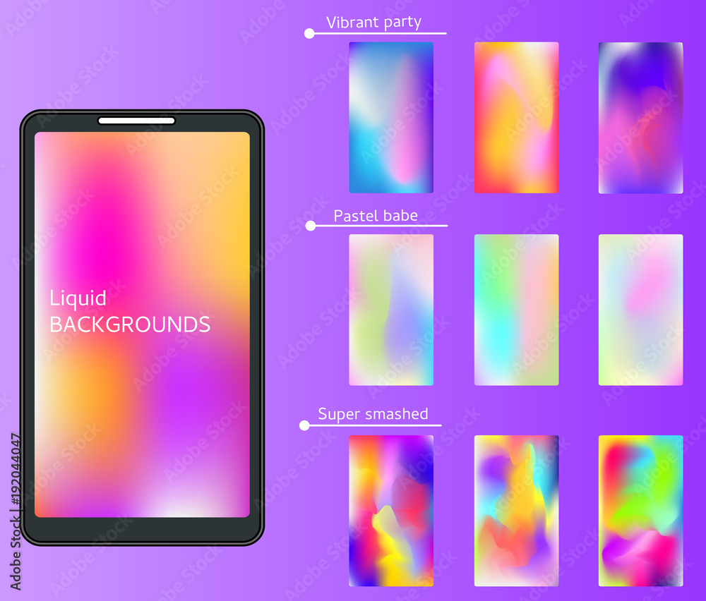 Smartphones wallpaper, lockscreen. Trendy liquid colors. Smudged, holographic vibrant backgrounds for mobile