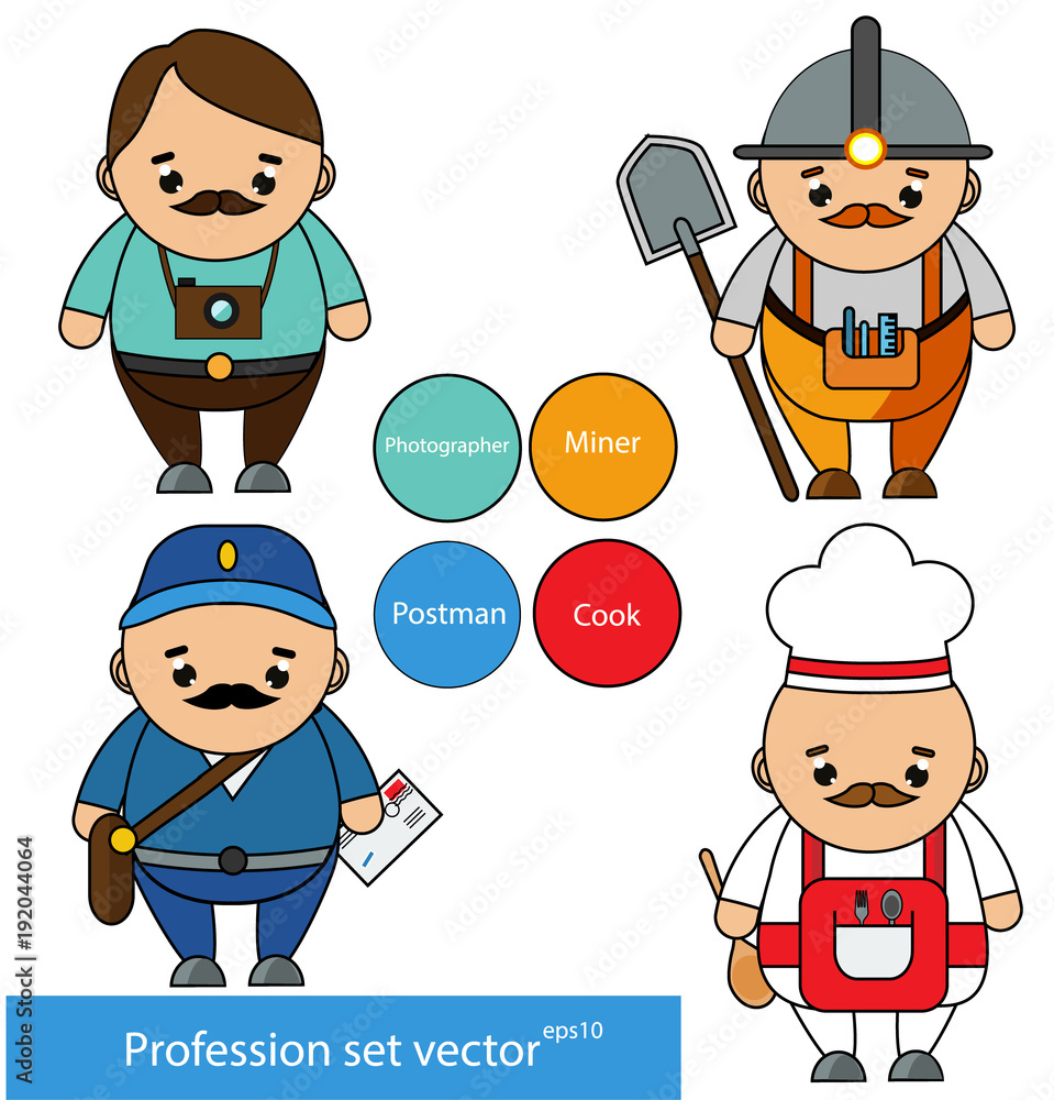 Professions set. Photographer, miner, postman, cook chef characters in ...