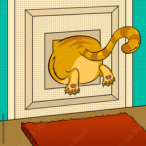 Fat cat stuck pop art vector illustration
