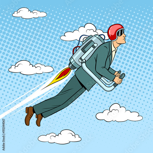 Man flying jet pack pop art style vector