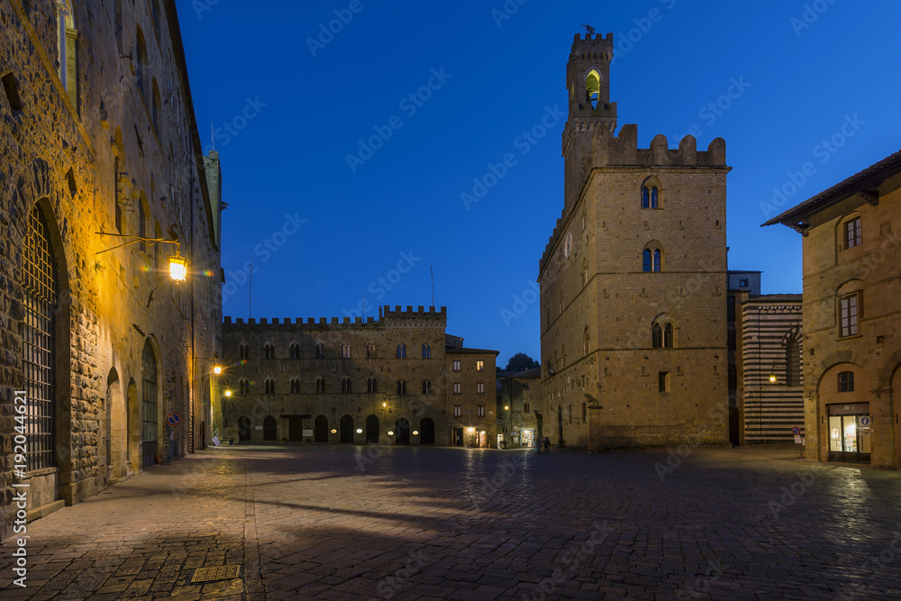 Priori Square in the blue evening light, Volterra, Pisa, Tuscany, Italy