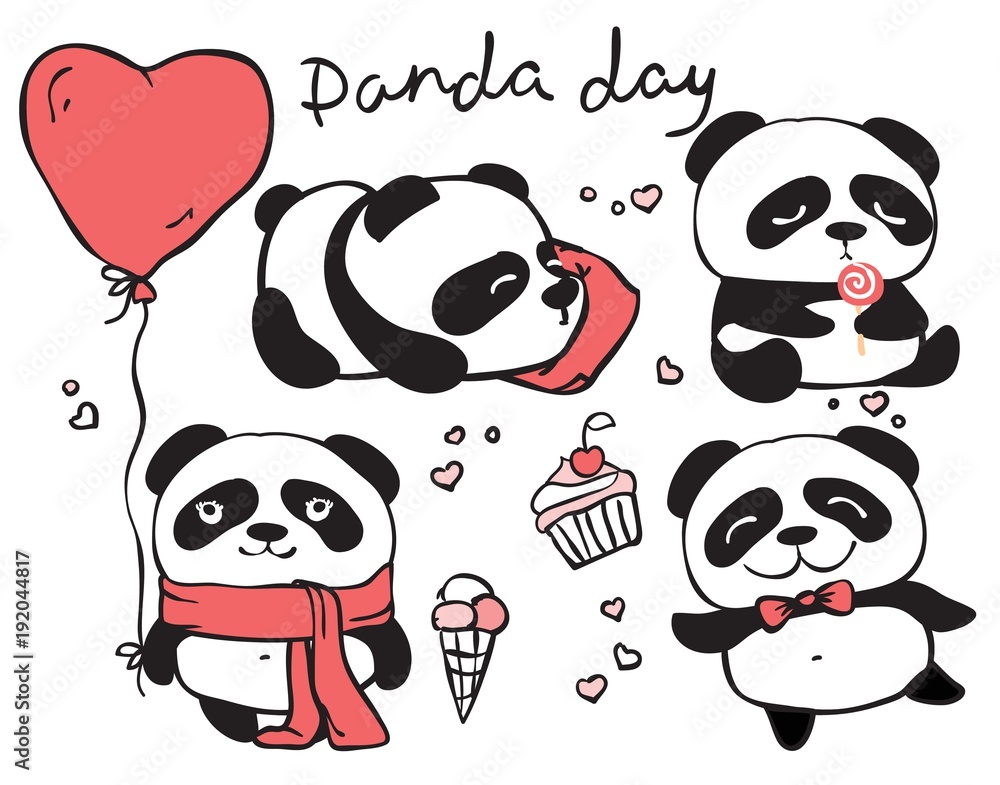 Panda day. Cute panda set with hand drawn text. Valentine vector background Panda day. Cute panda set with hand drawn text. Valentine vector background