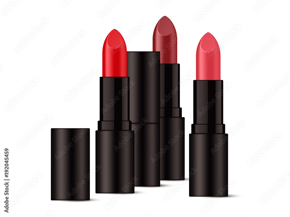 Realistic lipsticks in glossy black packaging. Isolated on white background. Vector illustration. Realistic lipsticks in glossy black packaging. Isolated on white background. Vector illustration.