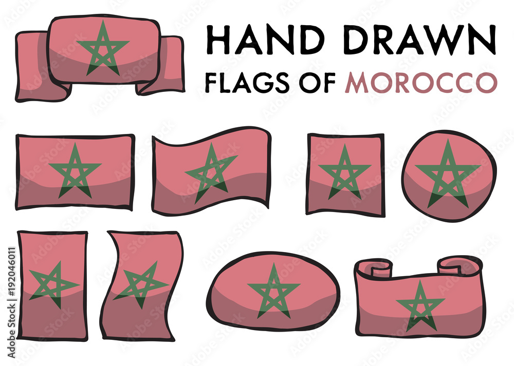 Set of Morocco Hand Drawn / Doodled  National Flags. High-Quality Vector Illustration. Grouped, Ready To Use!