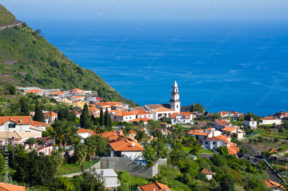 Village, church and ocean, Madeira, Portugal
