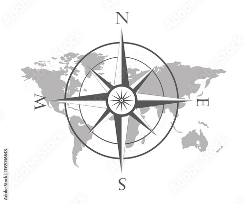 Vector illustration of world map with wind rose, navigation compass. 