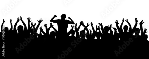 Crowd of jubilant people silhouette. Sports fans. People applaud. Concert, party, disco