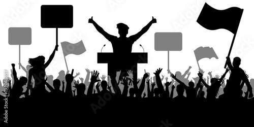 Oratory art, politics. Crowd of people demonstrating silhouette. Demonstration isolated on white background, vector