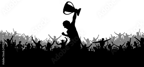Fényképezés Sport victory cup. Cheering crowd fans silhouette