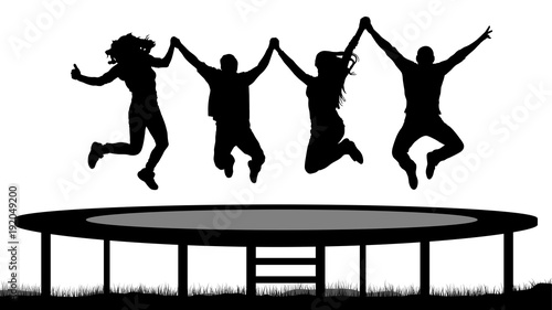 Jumping people on a trampoline silhouette, jump cheerful friends.