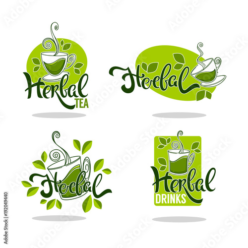 green and herbal tea, vector collection of organic logo with lettering composition