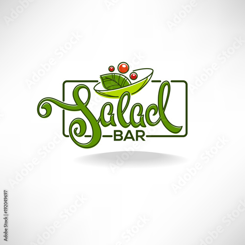 salad bar logo, emblem and symbol, lettering composition with line art image of green leaves and red tomatoes