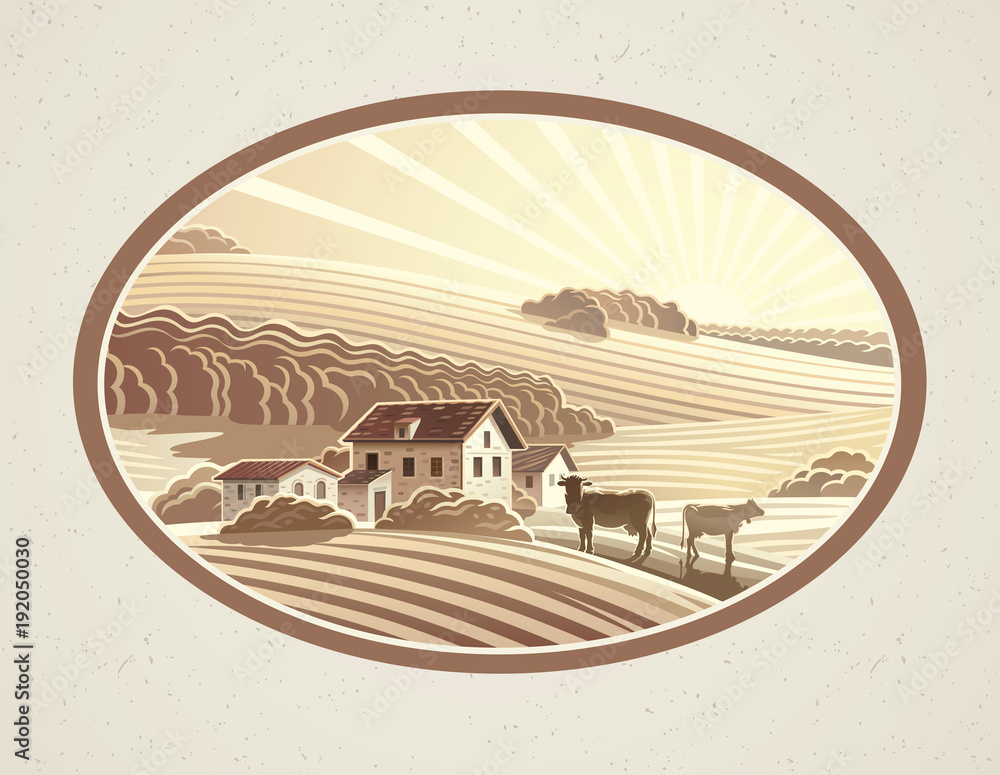 Rural landscape in the frame in monochrome color, a graphic design element for the create of the label or trademark.
