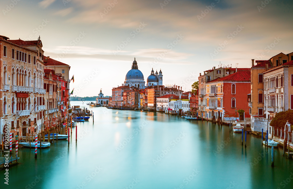 Canal Grande with Basilica Santa Maria della Salute in the background as seen from Ponte dell Accademia, Venice, Italy