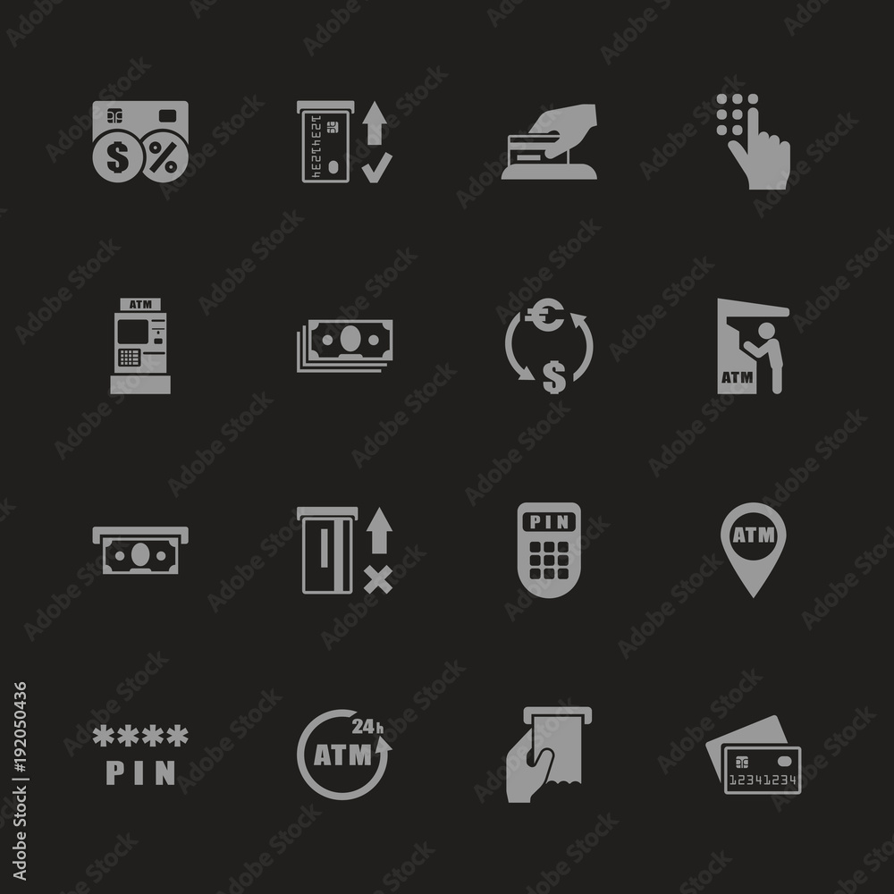 Atm icons - Gray symbol on black background. Simple illustration. Flat Vector Icon. Atm icons - Gray symbol on black background. Simple illustration. Flat Vector Icon.