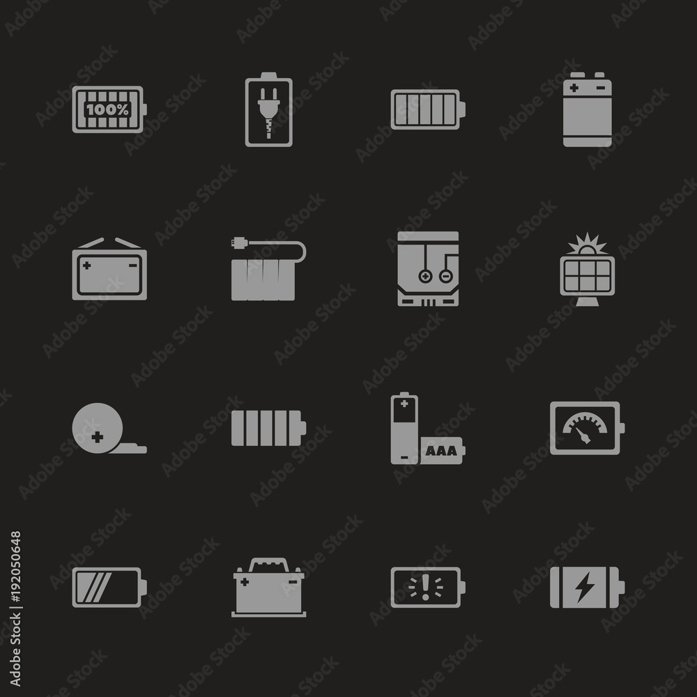 Battery icons - Gray symbol on black background. Simple illustration. Flat Vector Icon. Battery icons - Gray symbol on black background. Simple illustration. Flat Vector Icon.